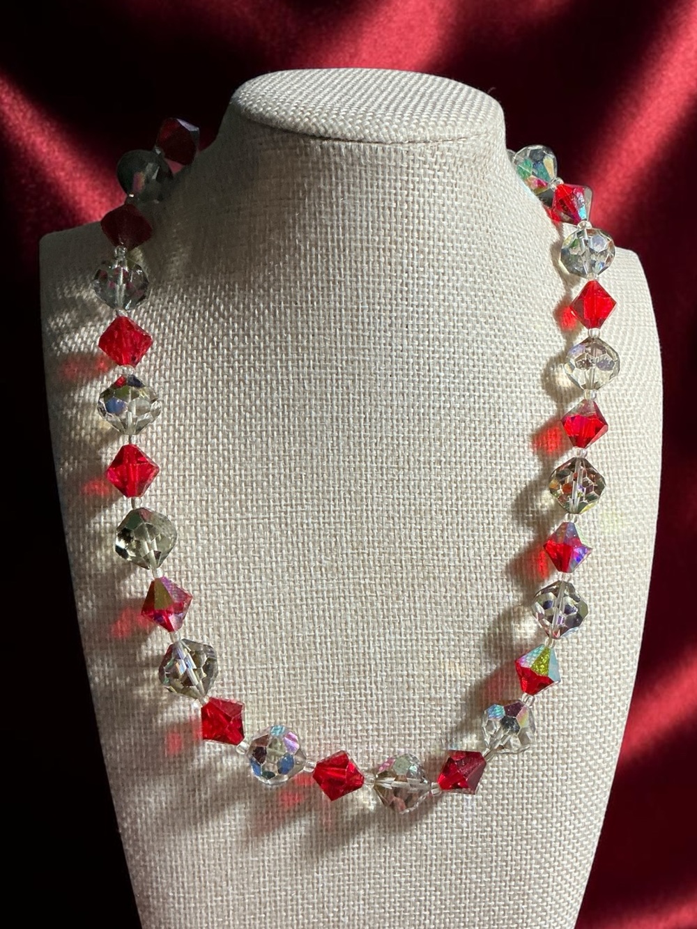 Vintage Aurora Borealis Red & Clear Crystal Faceted Beaded Necklace
